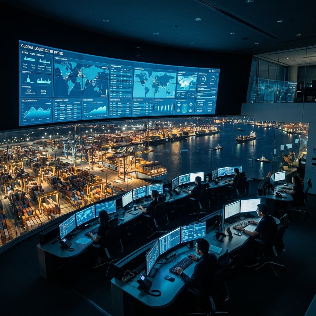 High-tech logistics control room overlooking a modern container port